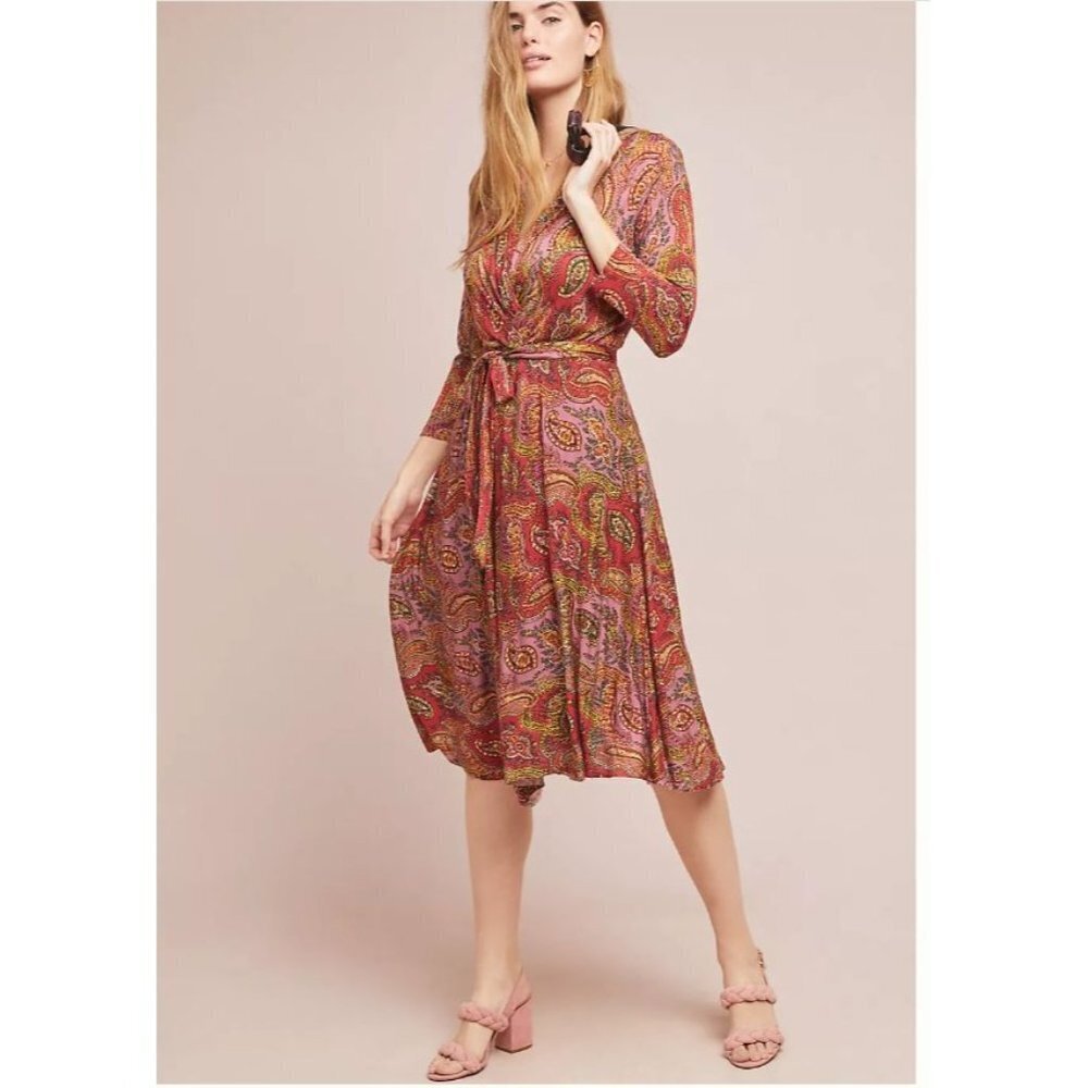 Maeve Dress Womens MP Pink Red Paisley Midi Long Sleeve Retro 70's Spring Easter